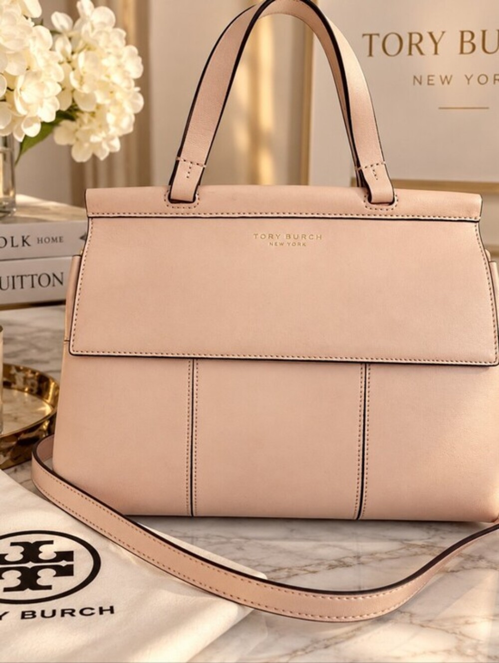 Tory Burch Blush Pink Leather Satchel Tote Crossbody Strap Bag Gold Hardware